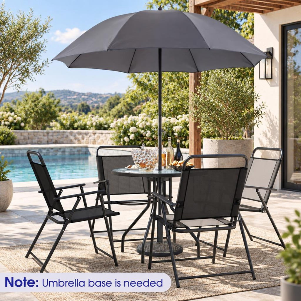 Airfind 6 Pieces Patio Dining Set Folding Chairs Glass Table Tilt Umbrella for Garden, 110 lbs Capacity, Steel fabric tempered glass Frame, Grey