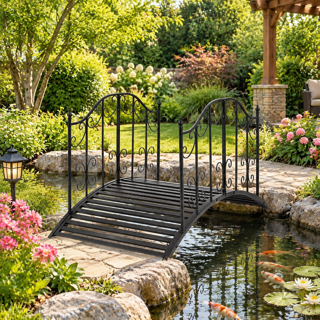Airfind 3.9 ft Garden Metal Bridge with Dual Patterned Side Rails, 330 lbs Capacity, Metal Frame, 47 Inch x 27 Inch x 28 Inch Footprint, Black