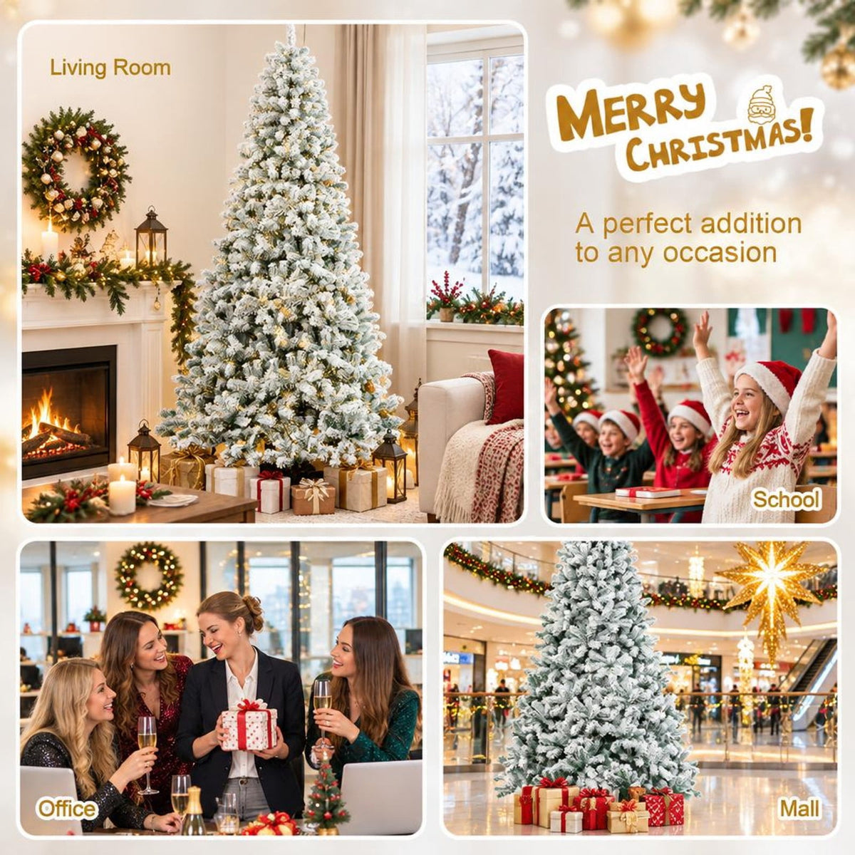 Airfind Snow-flocked Artificial Christmas Tree 9 Ft featuring Hinged PVC Branches and Metal Stand for Indoor Holiday Decor, White