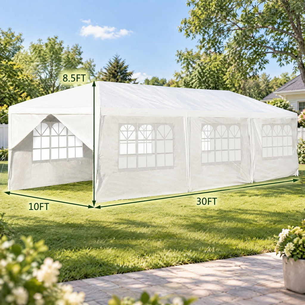 Airfind 10 x 30 Feet Outdoor Canopy Tent with 6 Removable Sidewalls and 2 Doorways, 10 x 30 x 8.5 Footprint, White