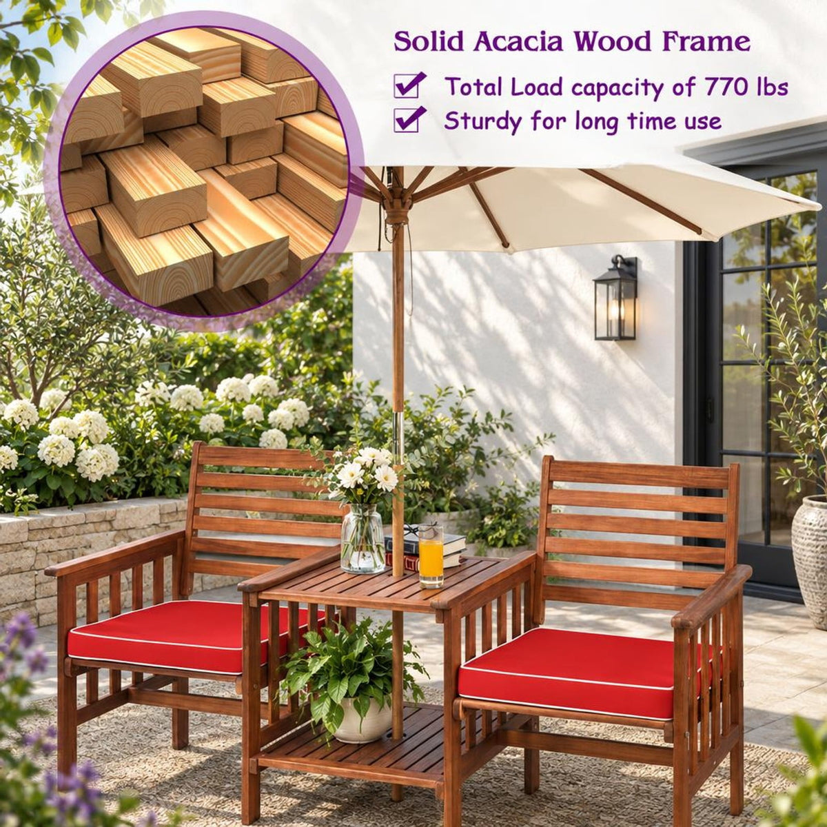 Airfind 3 pcs Outdoor Patio Table Chairs Set Acacia Wood Loveseat, 70 lbs Capacity, Acacia wood polyester sponge Frame, 65 x 26 x 35 Footprint