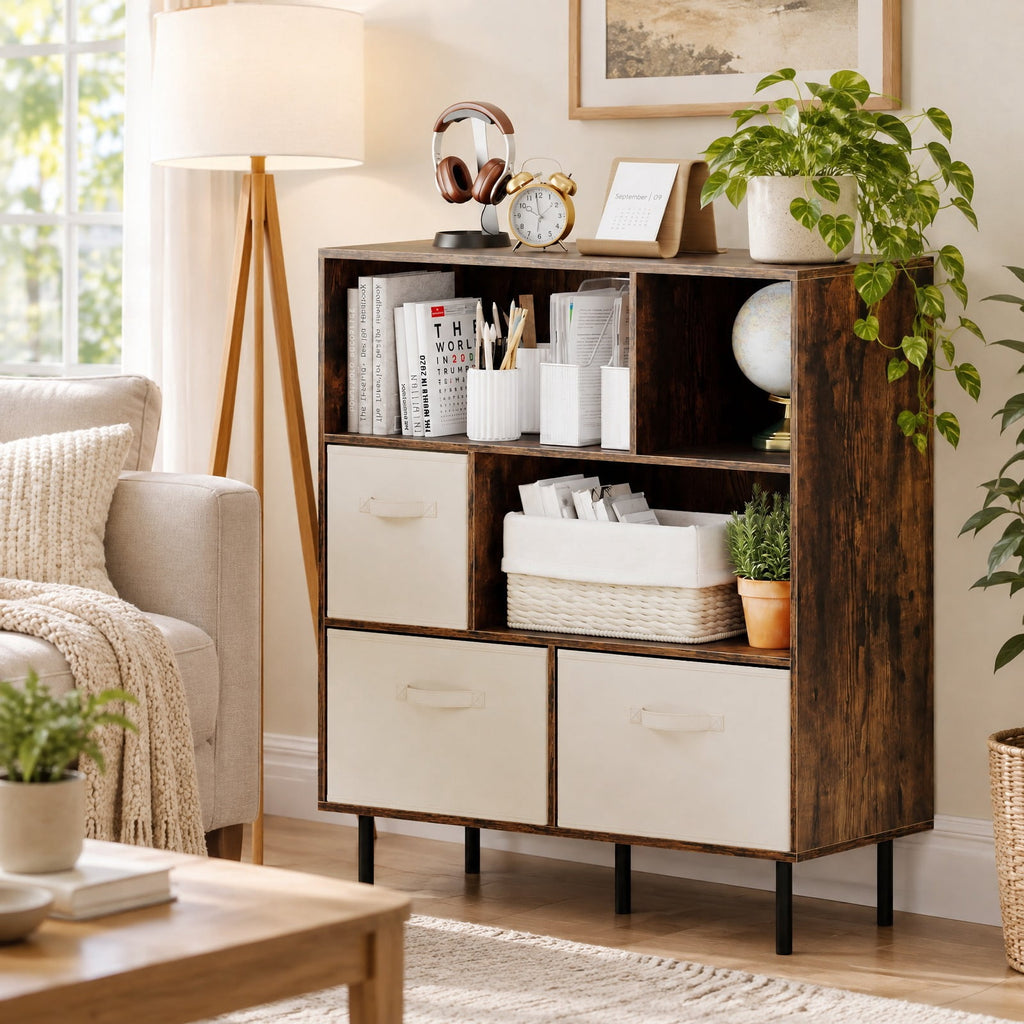 Airfind 6-Cube Bookshelf with 3 Removable Folding Fabric Drawers for Living Room, 330 lbs Capacity, Metal Engineered Wood Frame, Brown