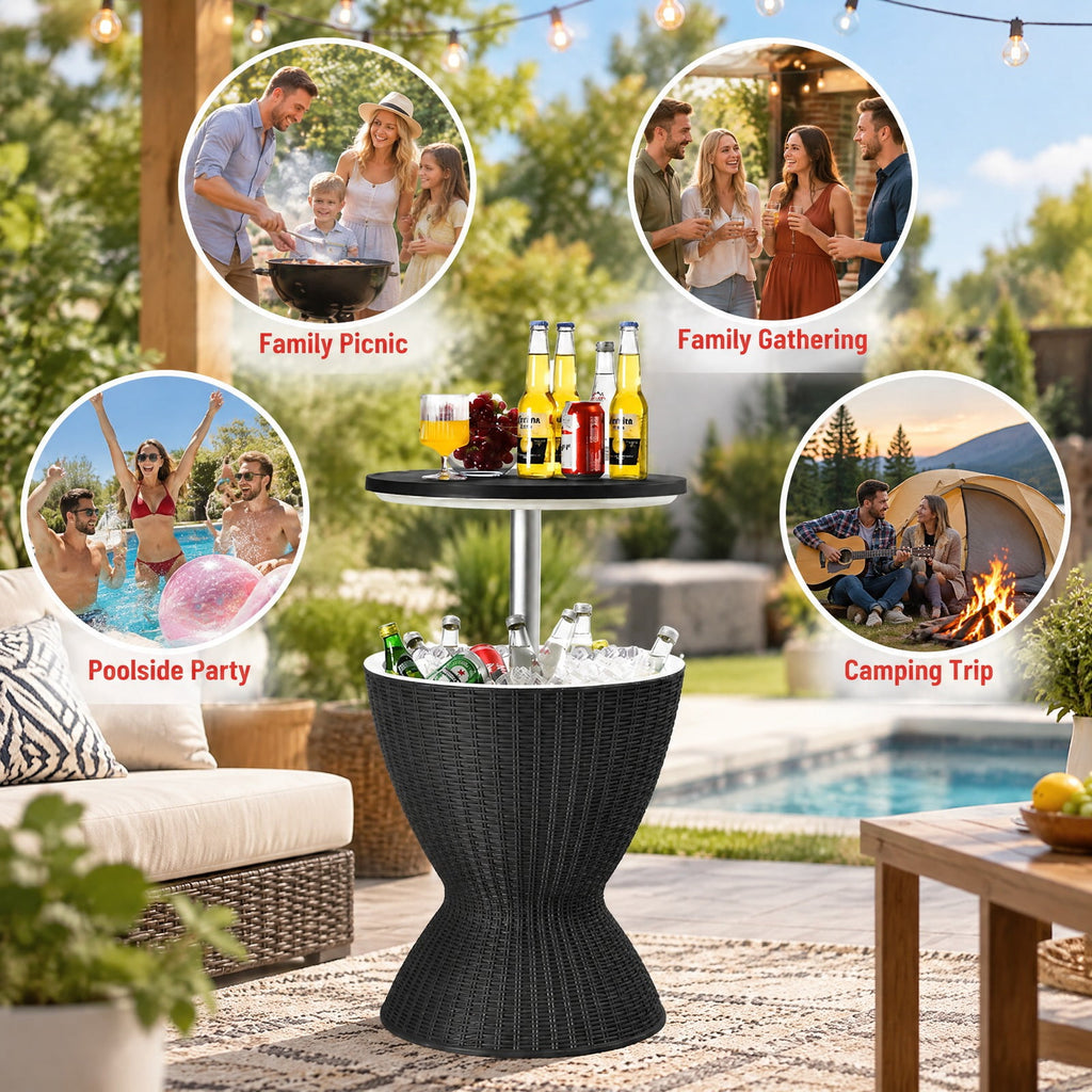 Airfind 3 in 1 8 Gallon Patio Rattan Cooler Bar Table with Adjust Ice Bucket, 165 lbs Capacity, PP Frame, Φ19 x 22.5 Footprint, Black