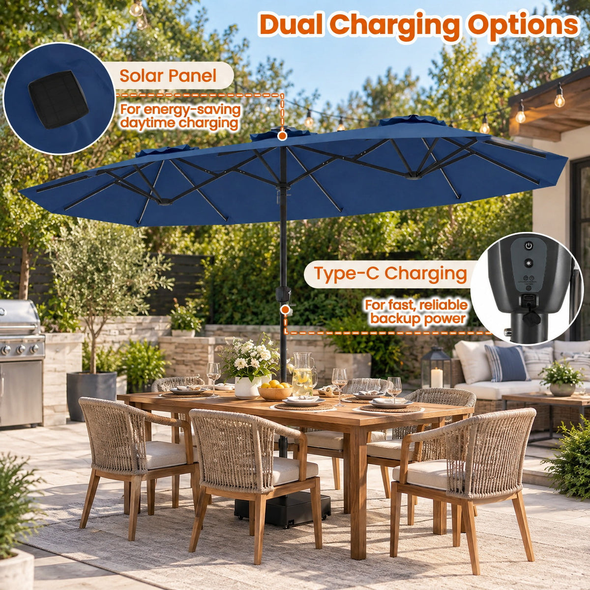 Airfind 13 FT Double-Sided Patio Umbrella with Color-Changing Flowing Solar LED Lights, Polyester Fabric Metal Frame, 13 x 7 ft Footprint, Navy