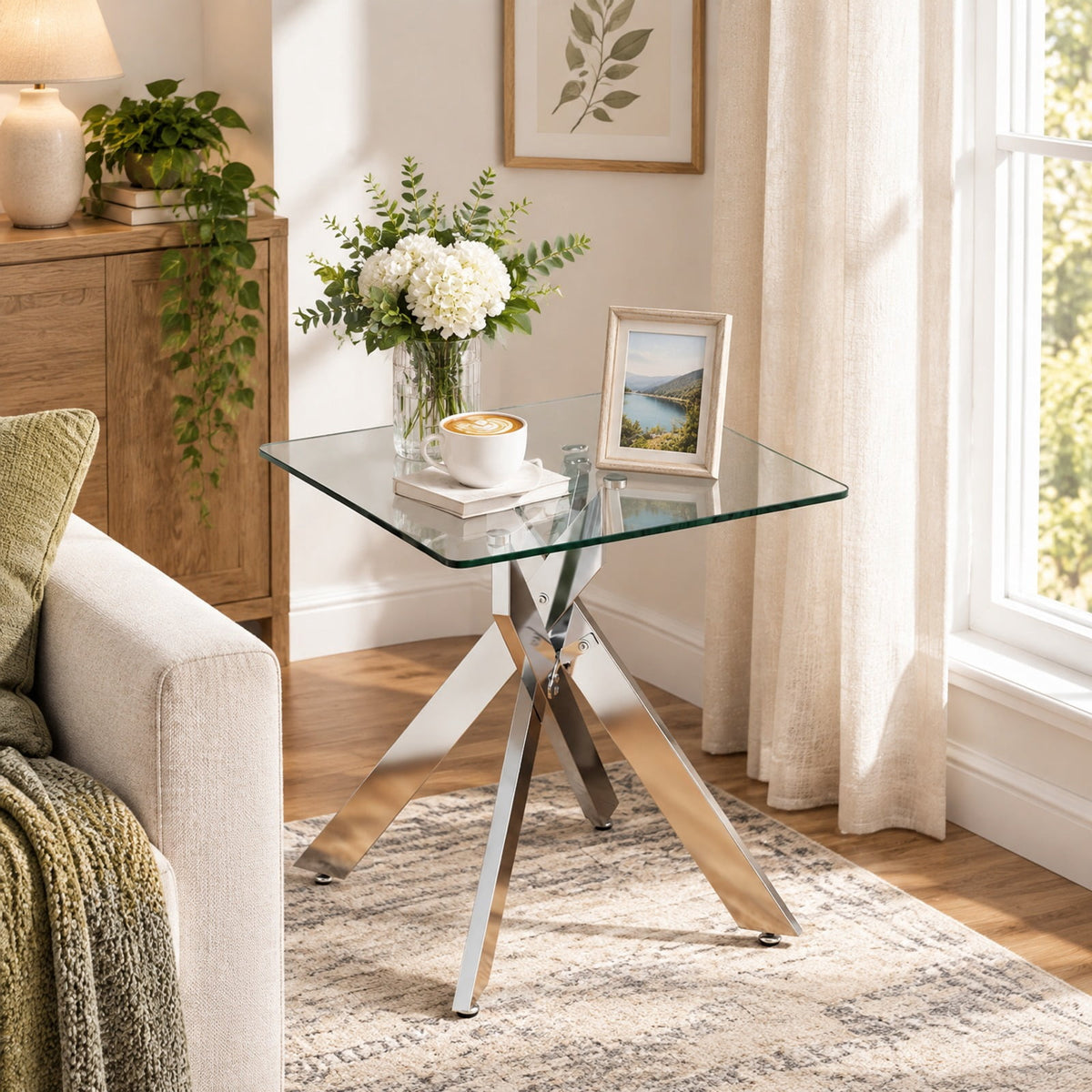 Airfind Glass Side Table Square End Table with Tempered Glass Top and Metal X Base, 20 Inch x 20 Inch x 22.5 Inch Load Footprint, Silver