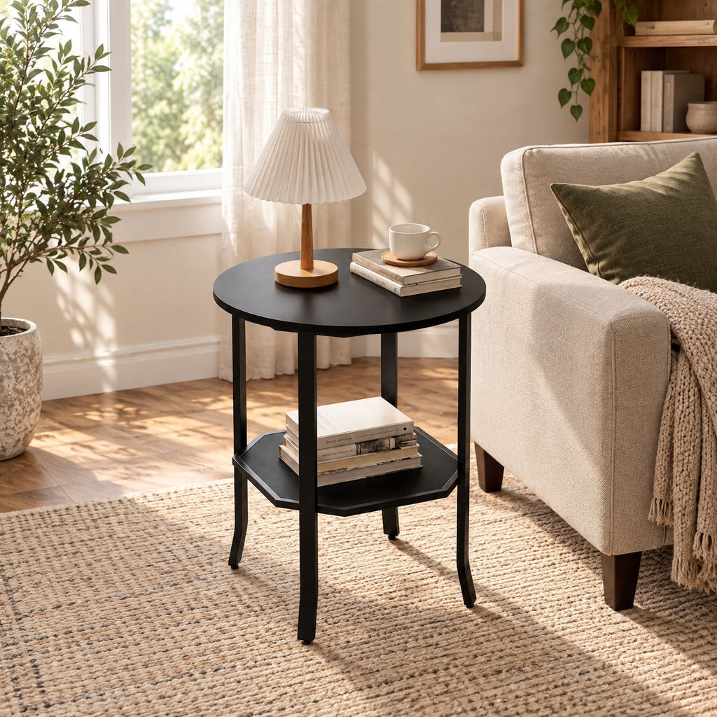 Airfind Round Side Table Small End Table with Storage Shelf 2-Tier Nightstand for Small Space, 90 lbs Capacity, Engineered Wood Carbon Steel Frame