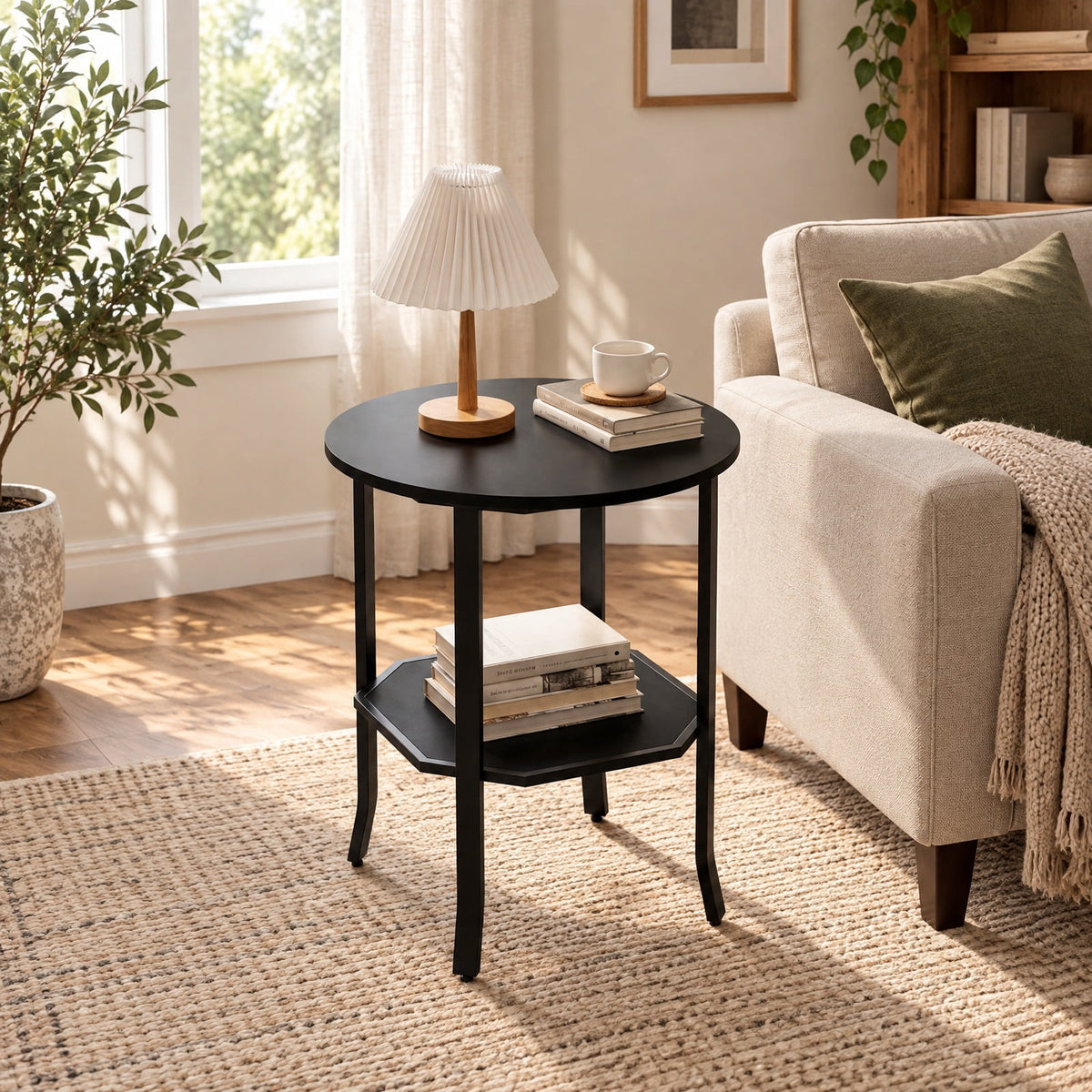 Airfind Round Side Table Small End Table with Storage Shelf 2-Tier Nightstand for Small Space, 90 lbs Capacity, Engineered Wood Carbon Steel Frame