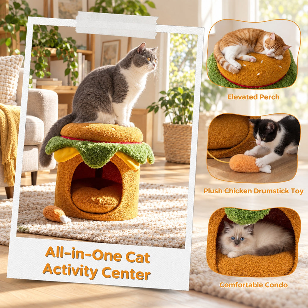 Airfind Hamburger Cat Nest with Chicken Drumstick Toy and Removable Cushion for Indoor Cats, 155 lbs Capacity, Yellow