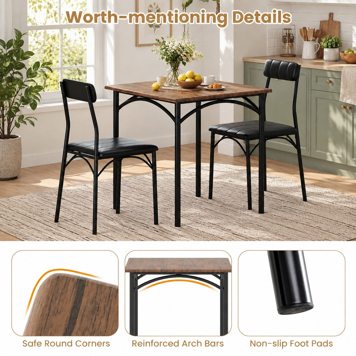 Airfind 3-Piece Dining Table Set Square Kitchen Table and 2 Chairs for Dining Room, 220 lbs Capacity, MDF Frame, 29 x 29 x 30 Footprint, Brown