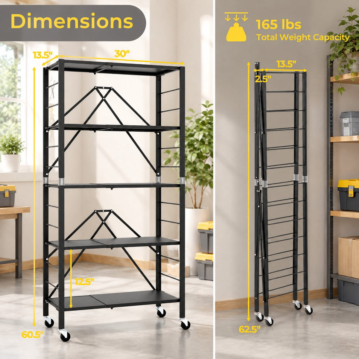 Airfind 5-Tier Foldable Storage Shelf with Wheels, 165 lbs Capacity, Metal Frame, 30 Inch x 13.5 Inch x 60.5 Inch Footprint, Black