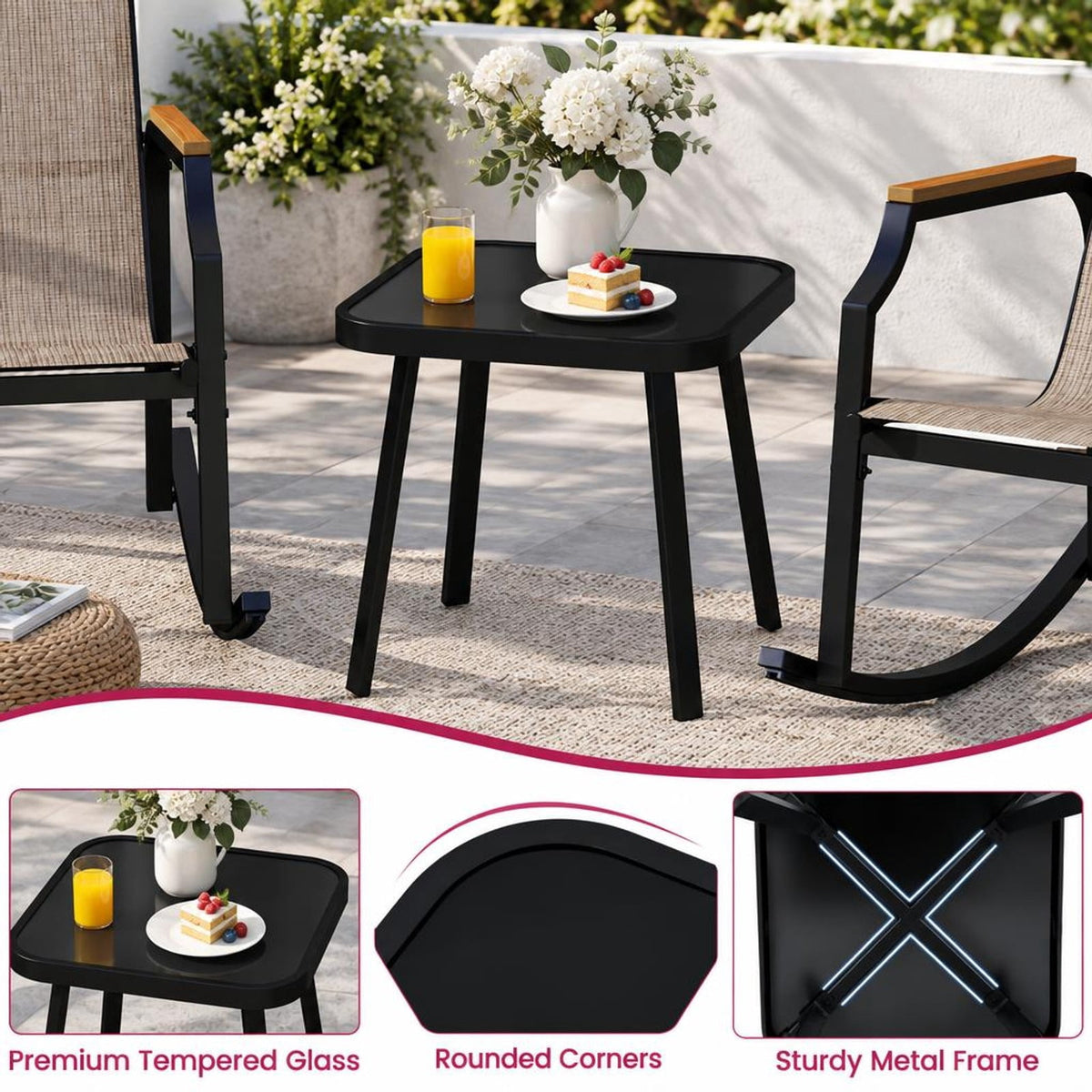 Airfind 3 Piece Patio Rocking Bistro Set with Tempered Glass Coffee Table and Armrests for Porch, Rocking Chair 330 lbs Capacity, Brown