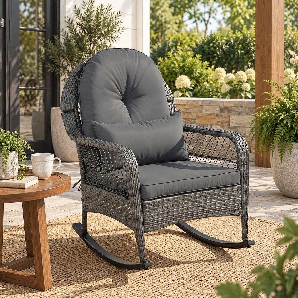 Airfind 400 LBS Patio Rattan Rocker Chair with Anti-Tip Stoppers and Thick Cushions for Porch, 400 lbs Capacity, 25 x 29 x 34 Footprint, Gray