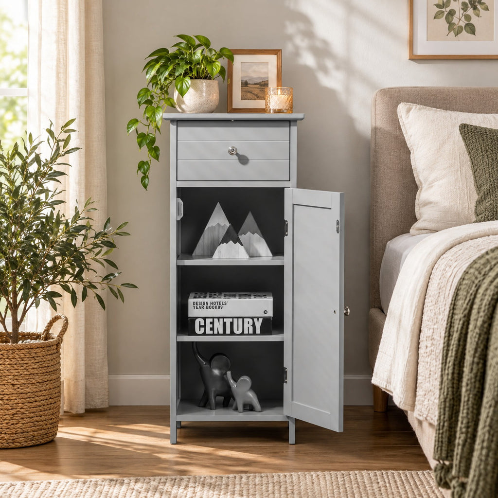 Airfind Wooden Bathroom Floor Storage Cabinet with Drawer and Shelf, 22 lbs Capacity, MDF Frame, 14 Inch x 12 Inch x 34.5 Inch Footprint, Gray