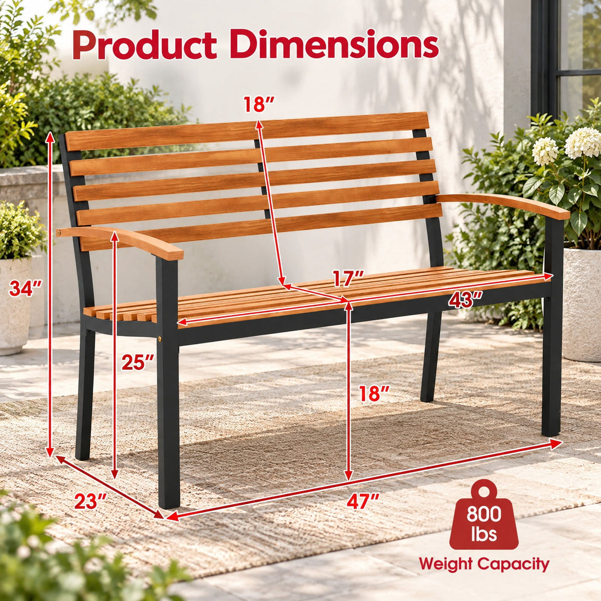 Airfind Outdoor Bench Acacia Wood Patio Loveseat with Backrest Armrests, 800 lbs Capacity, Acacia Wood Metal Frame, 47 × 23 × 34 Footprint, Wood