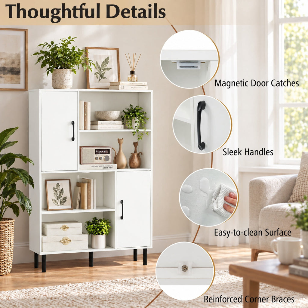 Airfind 47 Inch Storage Cabinet Freestanding Bookcase with 2 Doors and 4 Open Shelves, 176 lbs Capacity, Engineered Wood MDF Metal Frame, White