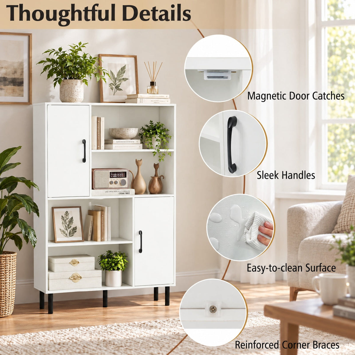 Airfind 47 Inch Storage Cabinet Freestanding Bookcase with 2 Doors and 4 Open Shelves, 176 lbs Capacity, Engineered Wood MDF Metal Frame, White