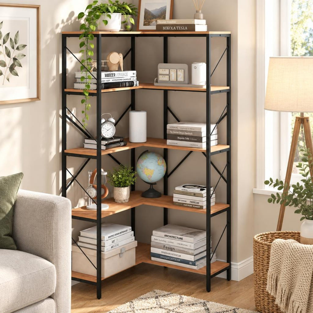 Airfind 66 Tall 5-Tier L-Shaped Bookcase with Metal Frame for Living Room, 44 lbs Capacity, Metal Frame, 31.5 x 31.5 x 66 Footprint, Brown