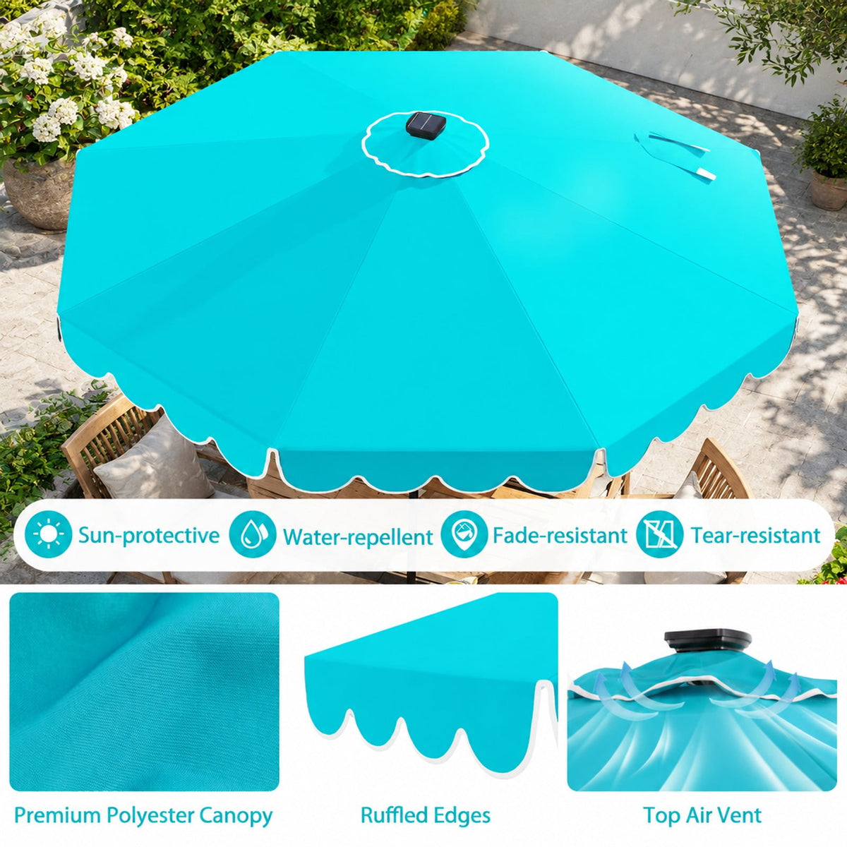 Airfind 10 Feet Solar Patio Umbrella with 24 LED Lights, Polyester Fabric Metal Frame, 10 x 8.3 ft Umbrella Rim Height 6.9 ft Footprint, Turquoise