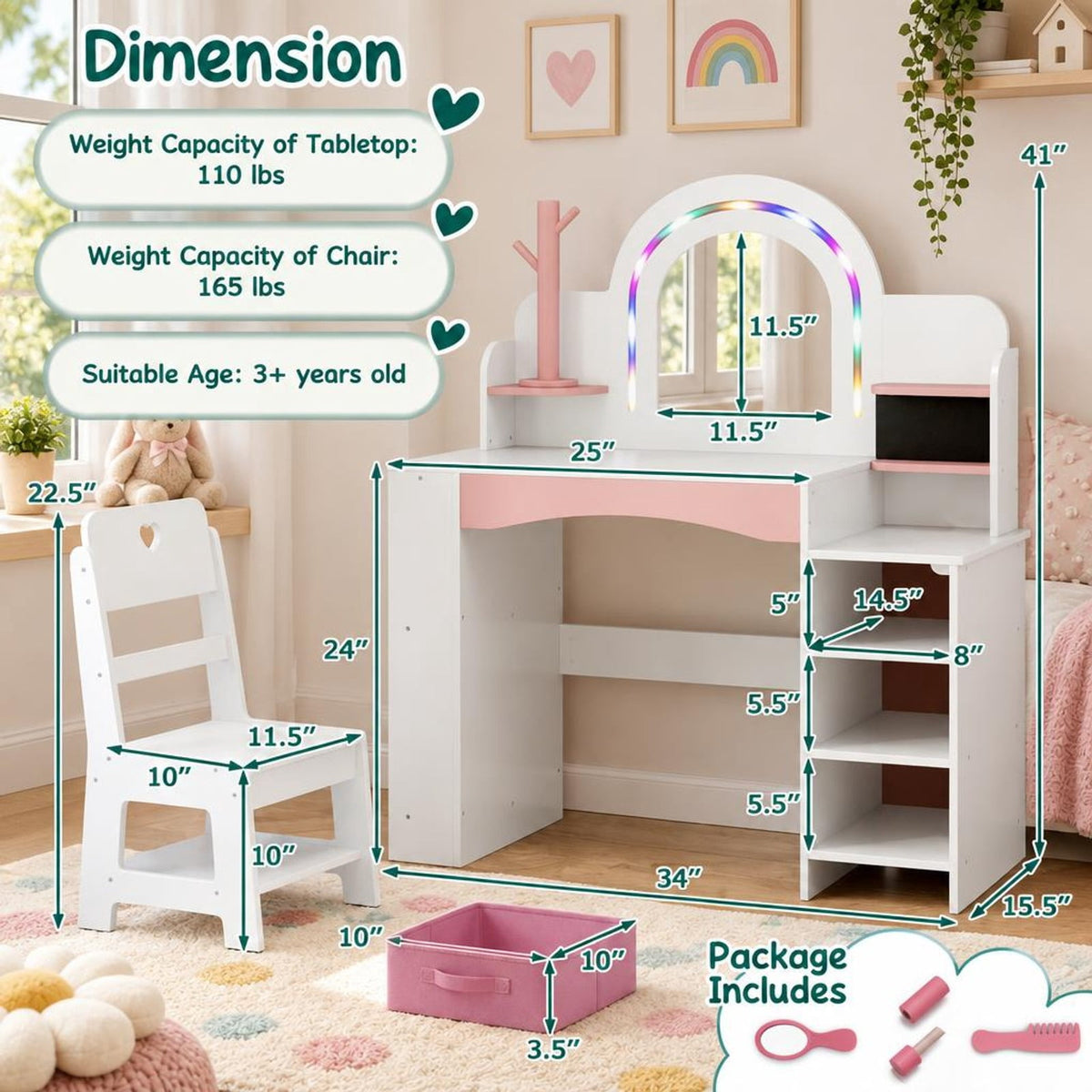 Airfind Kids Vanity Set with Colorful LED Lights Princess Makeup Dressing Table with Chair, 110 lbs Capacity, MDF Frame, 34in x 15.5in x 41in Footprint