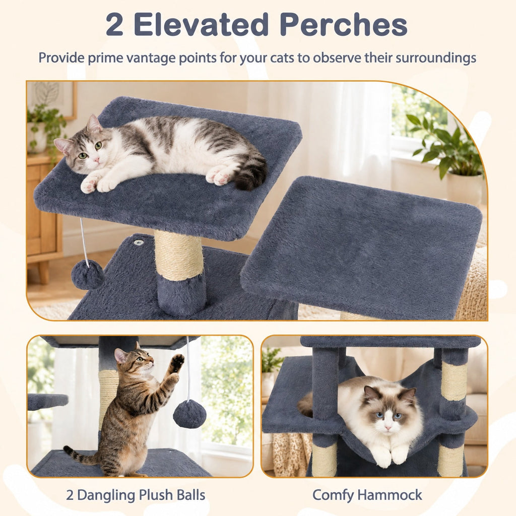 Airfind 57 Inch Cat Tree with Dual Condos and Hammock and 2 Dangling Balls, 29 x 16 Footprint, Gray