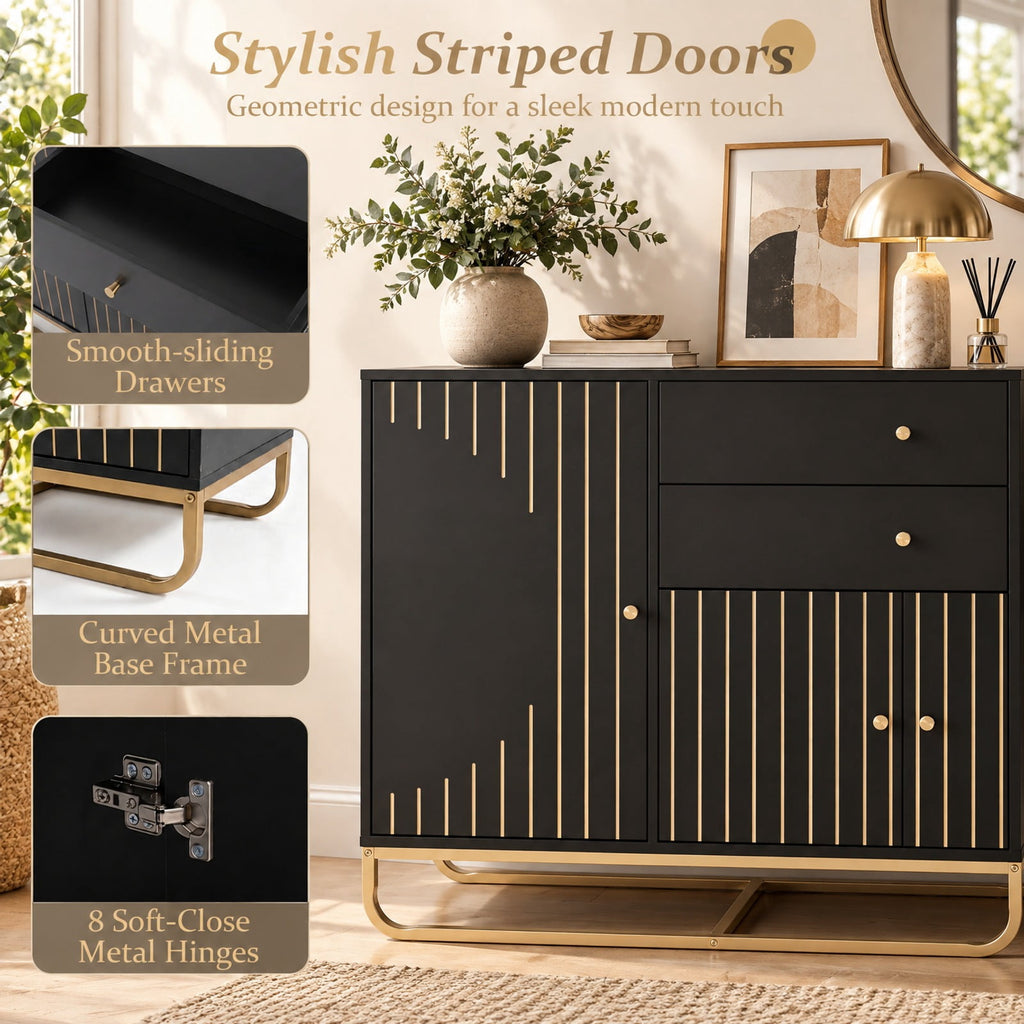 Airfind Modern Buffet Sideboard Cabinet w/ 2 Drawers Adjustable Shelves for Dining Room, 176 lbs Capacity, Engineered Wood Metal Frame, Black
