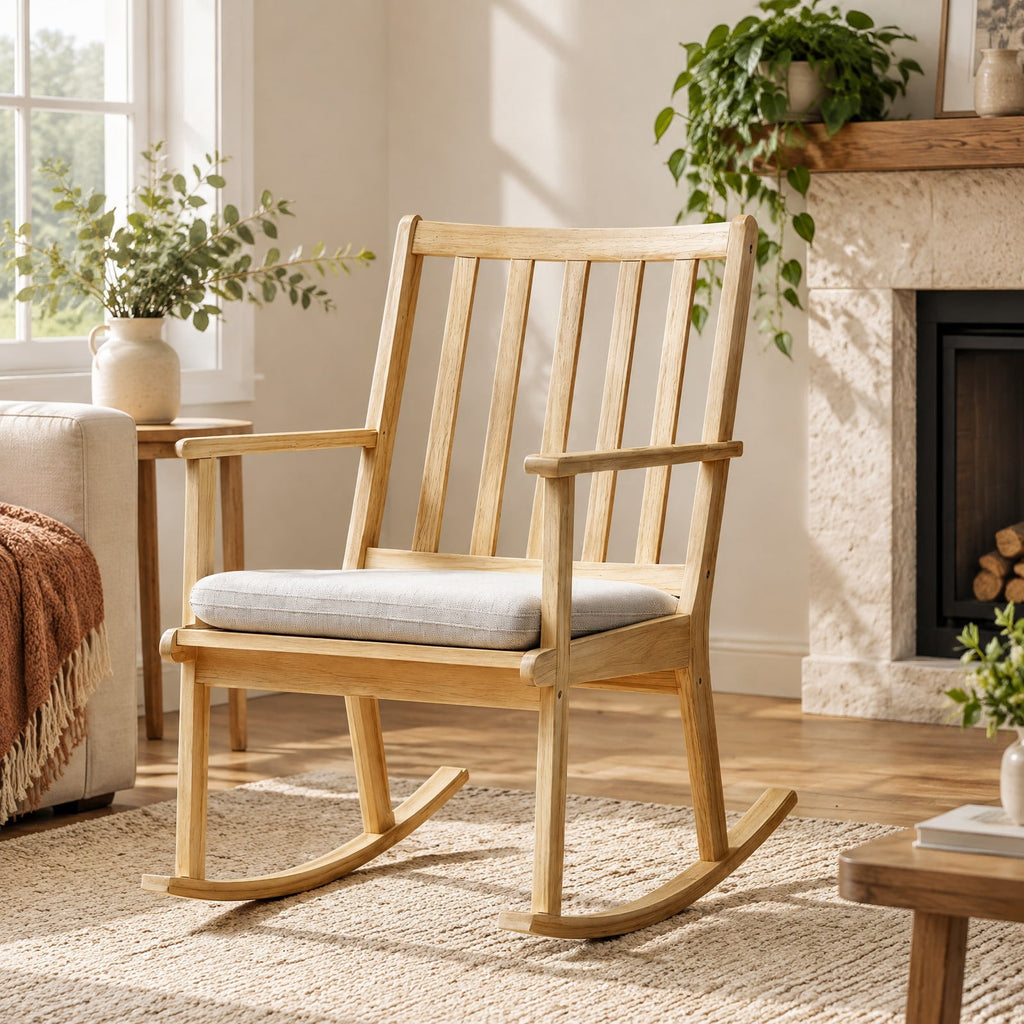Airfind Rocking Chair with Cushion Solid Rubber Wood Rocker with Padded Seat, 160 kg Capacity, Rubber Wood Fabric Sponge Frame, Natural
