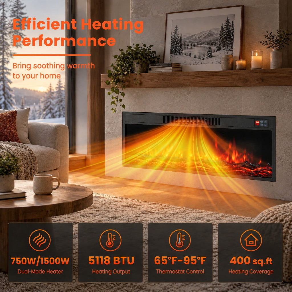 Airfind 36 Inch Recessed Electric Fireplace Heater with Adjustable Flame Colors and Brightness, Metal Tempered Glass 36 inch Frame, Black