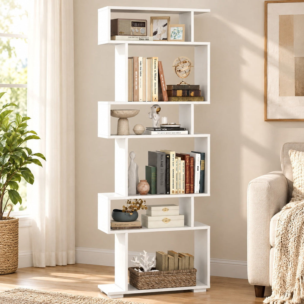 Airfind 6-Tier Geometric Bookshelf with 2 Anti-Tipping Kits for Home Office, 11 lbs Capacity, Engineered Wood Frame, 24 x 8 x 64 Footprint, White