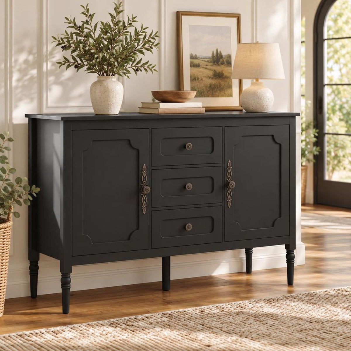 Airfind 47 Inch Vintage Buffet Cabinet with 3 Drawers 2 Cabinets and Adjustable Shelves for Dining Room, 110 lbs Capacity, 47 Inch x 15.5 Inch x 31.5 Inch Footprint