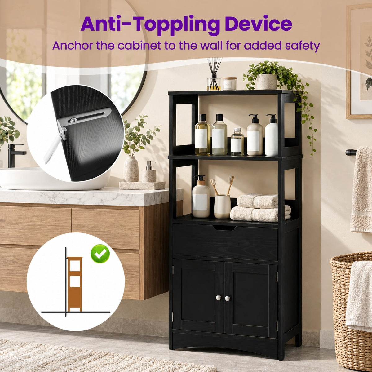 Airfind Bathroom Storage Cabinet with Drawer and Shelf Floor Cabinet, 20 lbs Capacity, MDF PB Frame, Black