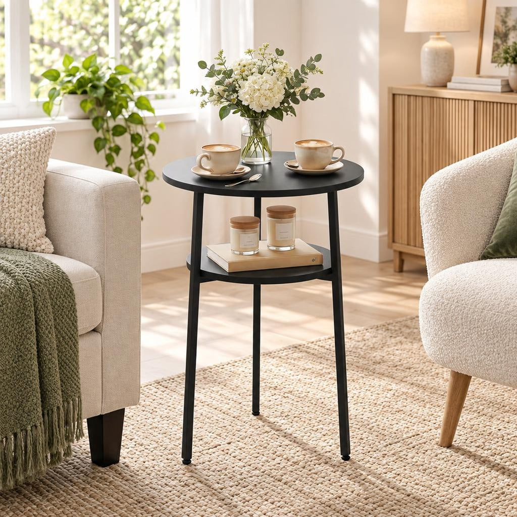 Airfind Side Table, Round, with Storage Shelf and Metal Frame for Living Room, of Tabletop 90 lbs Capacity, Engineered Wood Metal Frame, Black