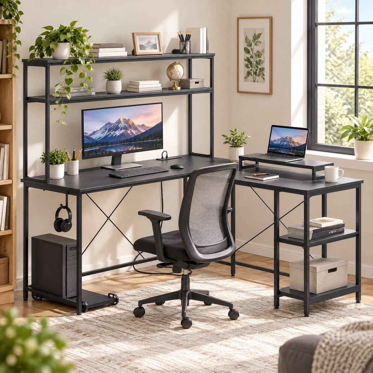 Airfind L-Shaped Reversible Gaming Desk with LED Strip and Power Outlets Hutch Monitor Stand, 310 lbs Capacity, Engineered Wood Metal Frame, Black