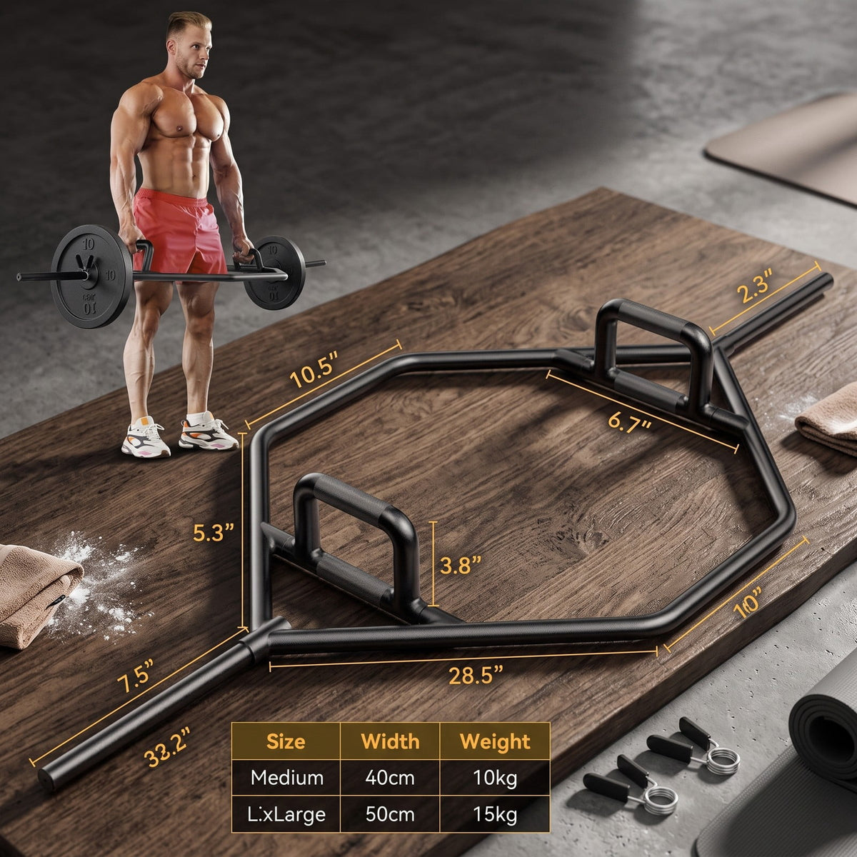Airfind Standard Hex Trap Bar with 2 Spring Collars and Foldable Handles, 800 lb Capacity Steel Deadlift Weight Bar for Strength Training, Fits 1-Inch Plates, Black
