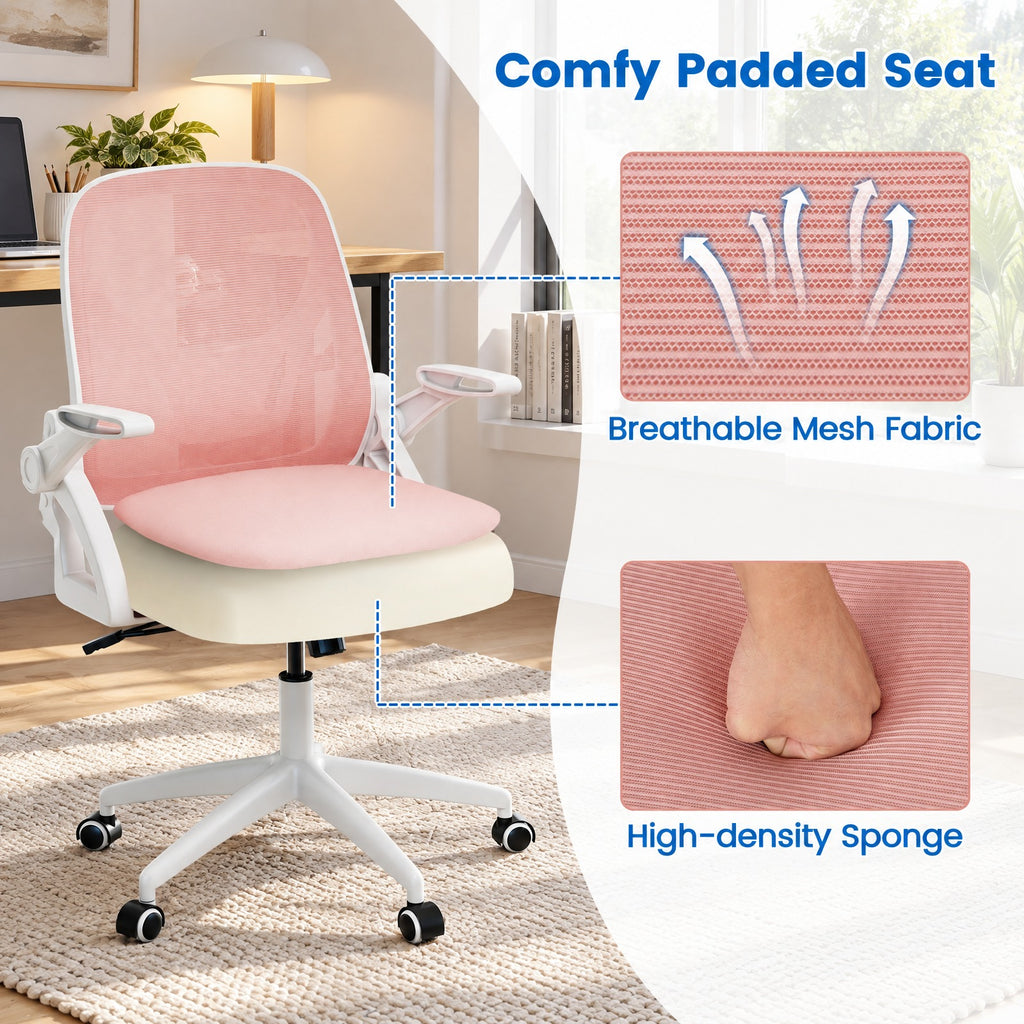 Airfind Ergonomic Computer Desk Chair with Lumbar Support and Flip-up Arms, 330 lbs Capacity, PP Metal Mesh Plywood Sponge Frame, Pink