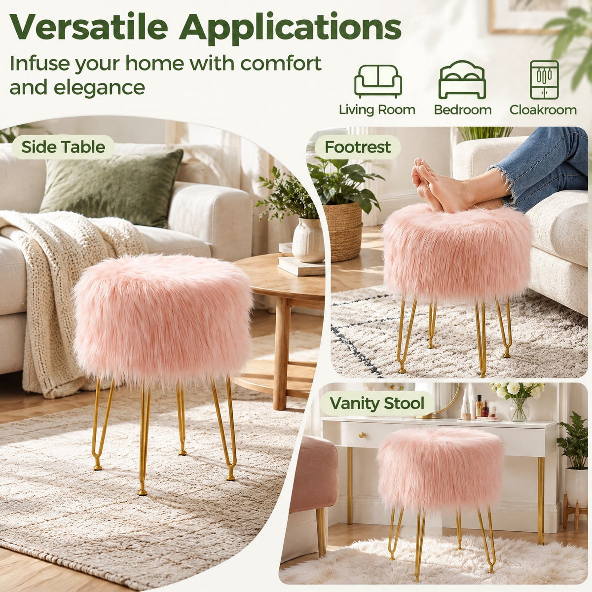 Airfind Faux Fur Vanity Stool Chair with Metal Legs for Bedroom and Living Room, 330 lbs Capacity, Faux Fur Sponge Metal MDF Plywood Frame, Pink