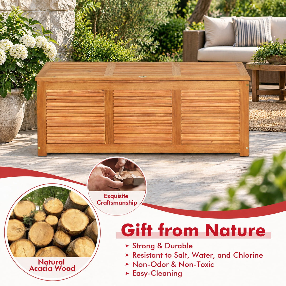 Airfind 46 Gallon Acacia Wood Storage Bench Box for Patio Garden Deck, 355 lbs Capacity, Acacia Wood Frame, 45 Inch x 18 Inch x 18 Inch Footprint, Wood