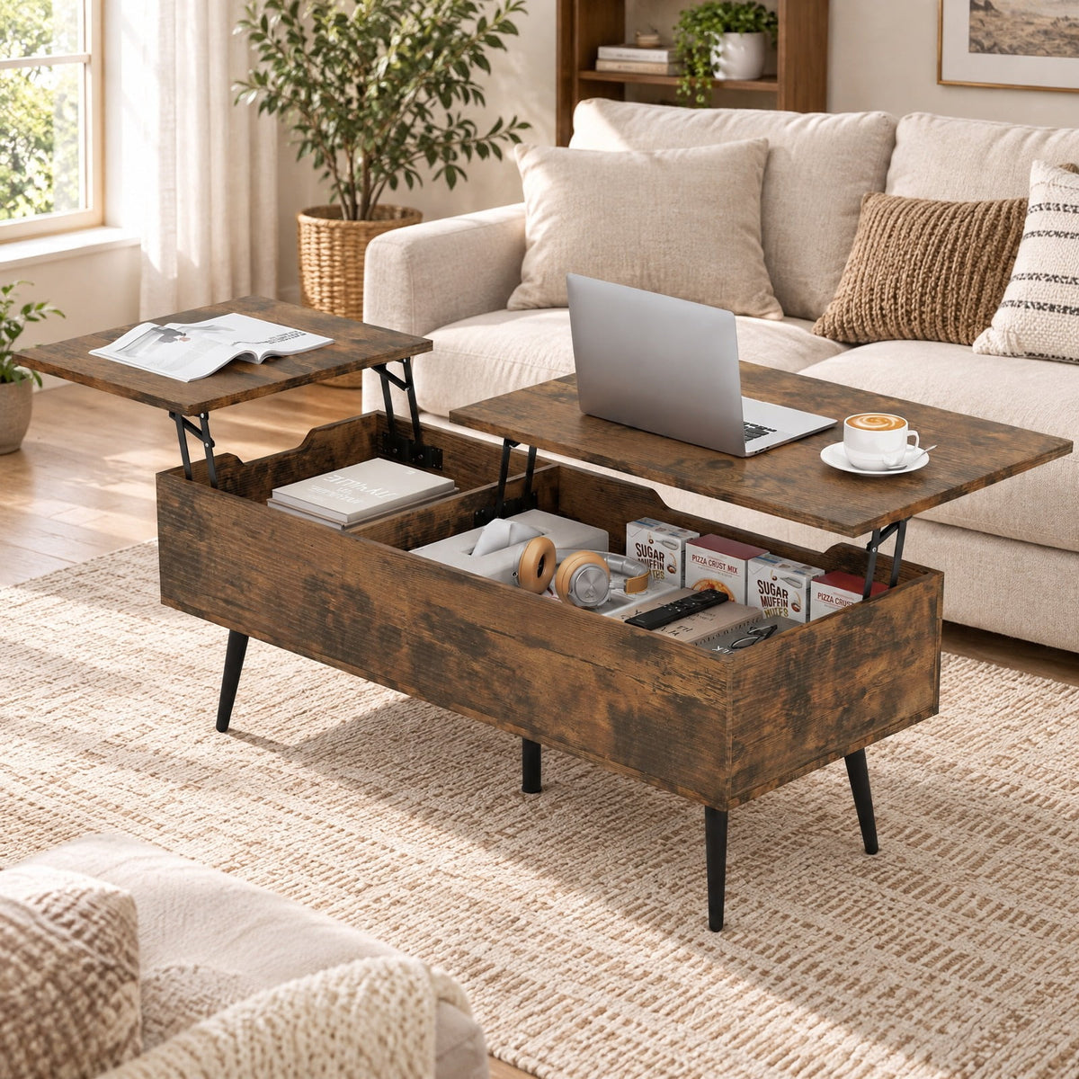 Airfind 47 Inch Lift Top Coffee Table with 2 Hidden Compartments, P2 Engineered Wood Solid Wood Steel Frame, Coffee