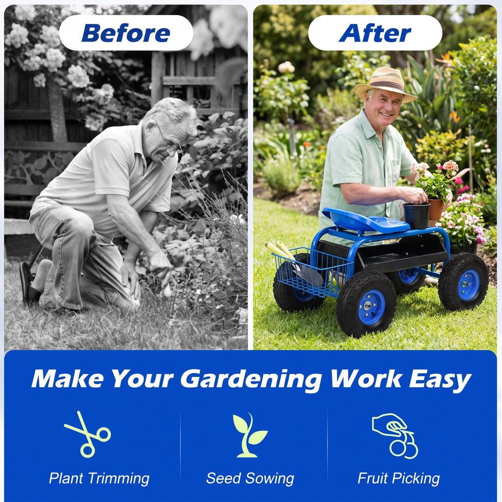 Airfind Garden Cart with Heavy Duty Tool Tray, 33 x 16 x 22 Footprint, Blue, Height adjustable and 360 degrees of rotation