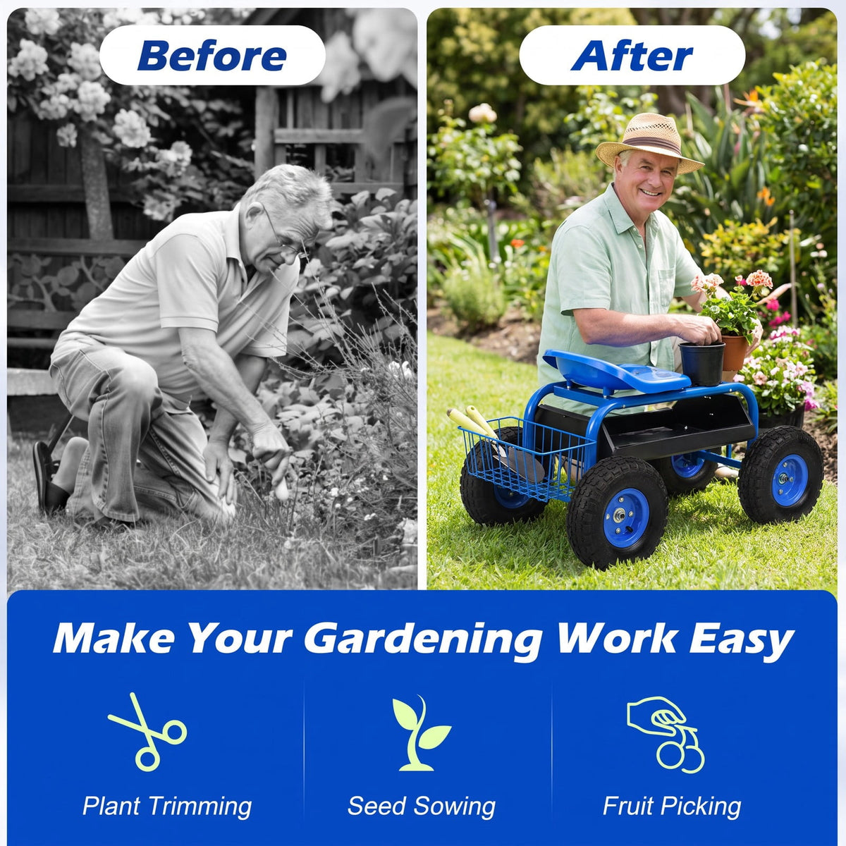 Airfind Garden Cart with Heavy Duty Tool Tray, 33 x 16 x 22 Footprint, Blue, Height adjustable and 360 degrees of rotation