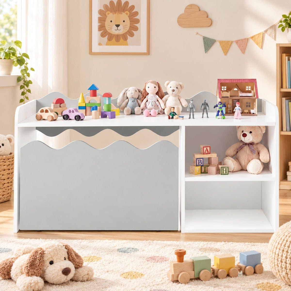 Airfind Scalloped Kids Bookshelf and Toy Storage Organizer for Playroom, 77 lbs Capacity, MDF Frame, for 3+ Years Old, 35 Inch x 16 Inch x 18 Inch Footprint