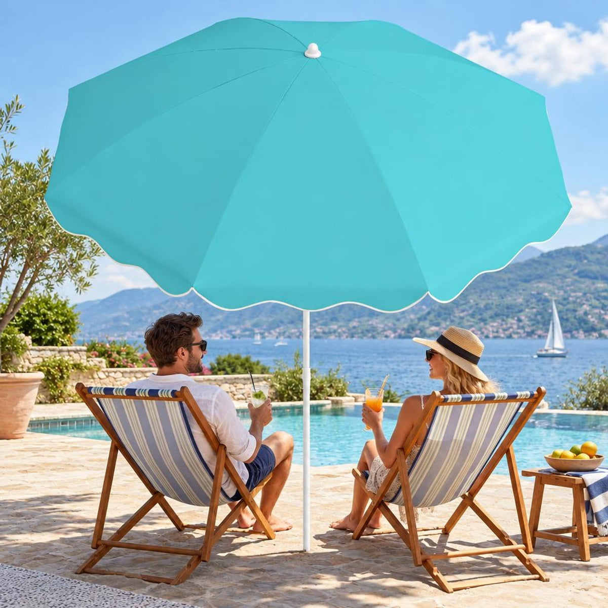 Airfind 6.5 FT Beach Umbrella UPF 50+ with Sand Anchor for Garden Pool, Polyester Fabric Metal Aluminum Alloy PP Frame, Turquoise Stripe