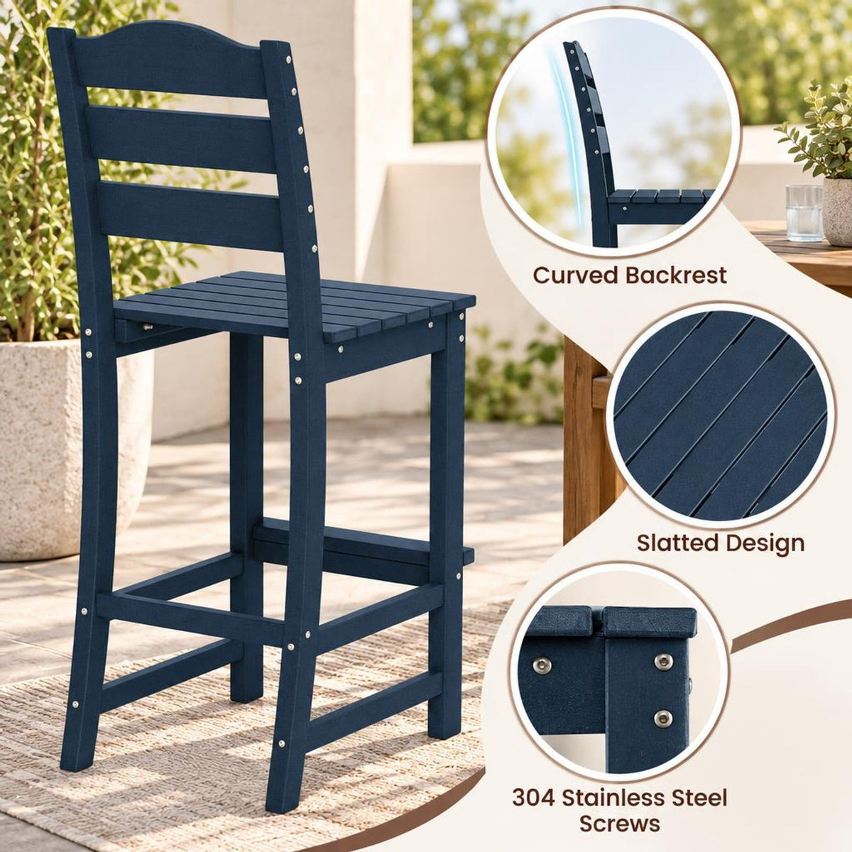 Airfind 30 Inches Counter Height HDPE Bar Stool with Backrest and Footrest, 360 lbs Capacity, HDPE Frame, Navy