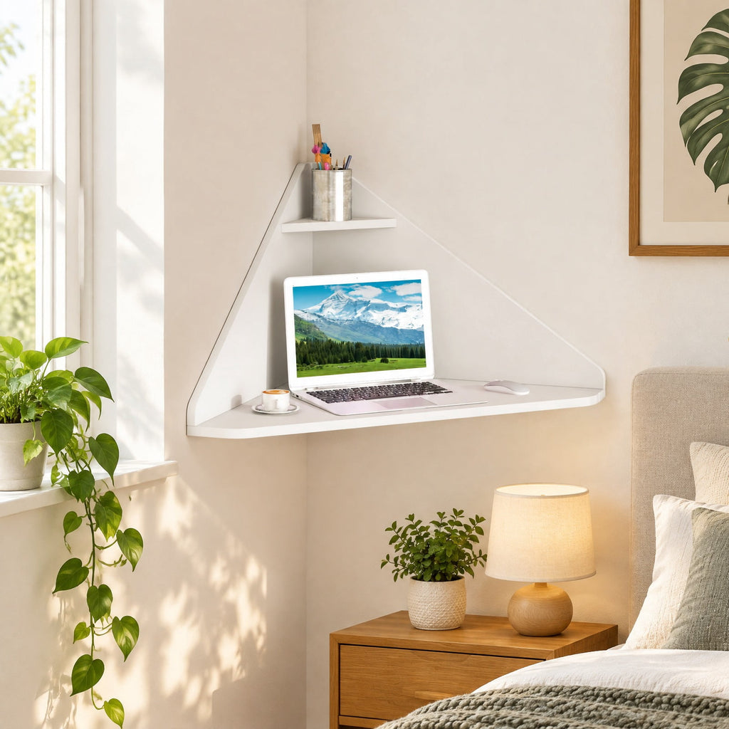 Airfind Floating Triangular Corner Computer Desk with Storage Shelf, Engineered Wood Frame, White, Overall Dimensions 36.5 Inch x 31 Inch x 18 Inch Sid