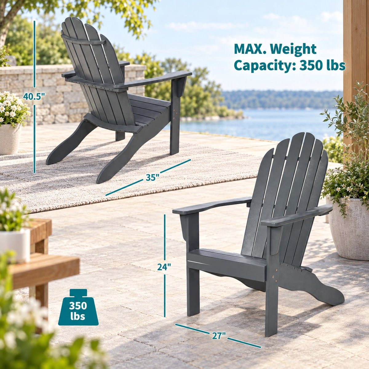 Airfind Acacia Wood Outdoor Adirondack Chair with Ergonomic Design, Acacia wood Frame, Gray, Overall dimension 27 x 35 x 40.5 (L x