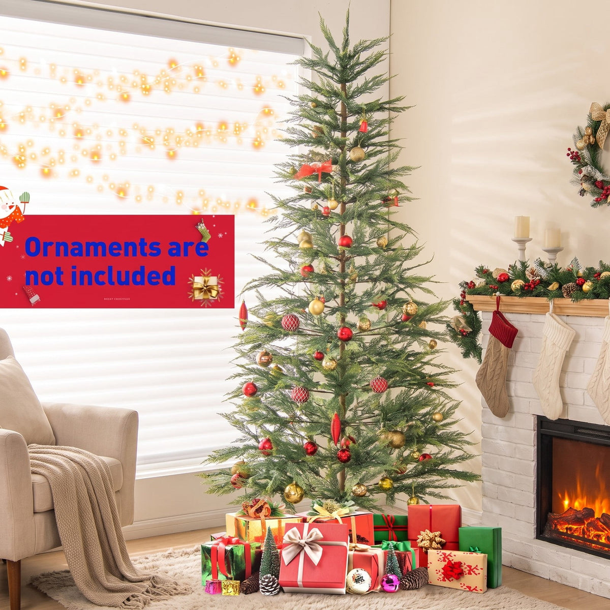 Airfind 6.5/7.5 Feet Artificial Cypress Christmas Tree Pre-lit Hinged-7.5 ft, PE Metal Tree Height 6.5 ft/7.5 ft Tree Width 4 ft Frame, Green