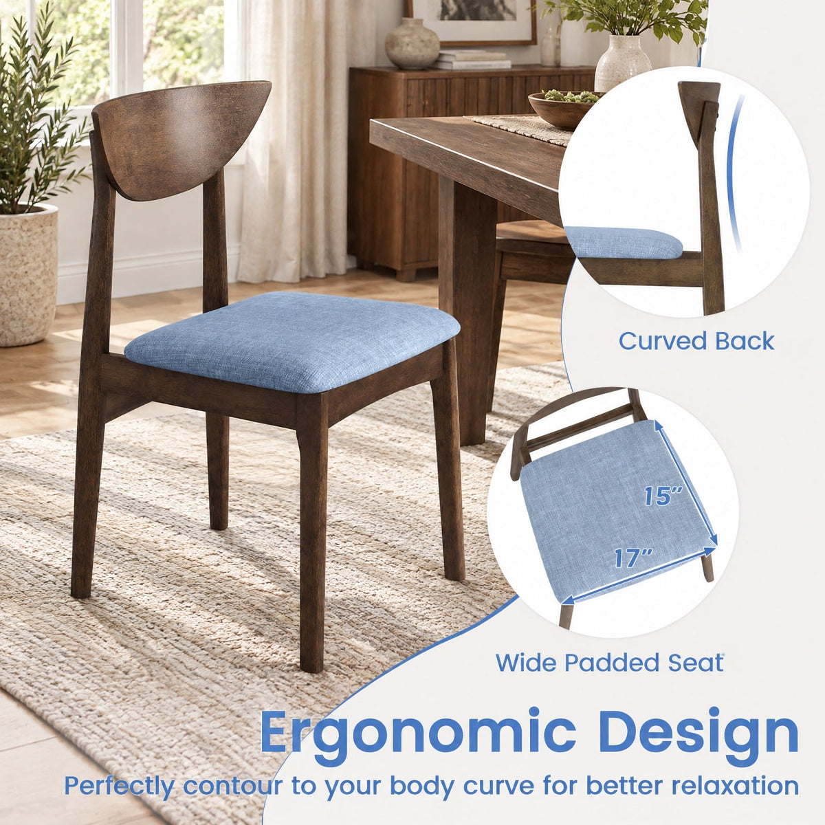 Airfind Wooden Dining Chair Set of 2 with Rubber Wood Leg, Brown, Brown+Gray, for Everyday Home Use, for Easy Setup, for Everyday Use