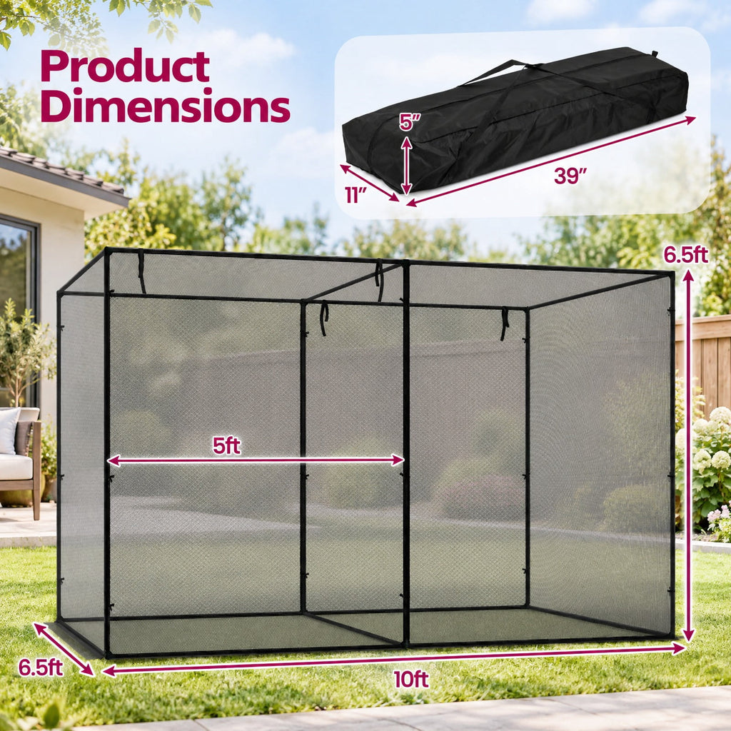 AIRFIND Garden Plant Cage 10 x 6.5 x 6.5 ft, Walk-In Crop Protection Enclosure with Mesh Netting, Zippered Roll-Up Doors and Carry Bag, Black