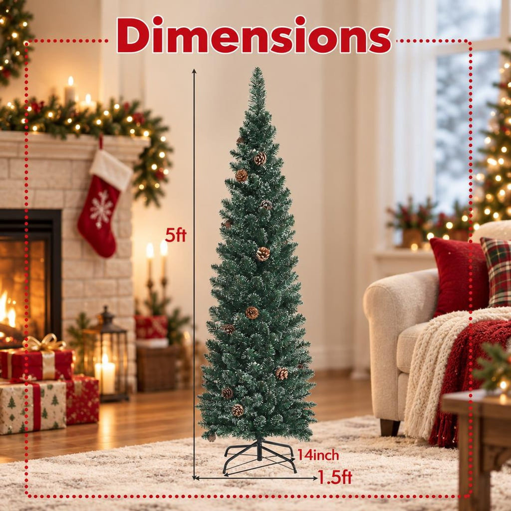 Airfind 5 Ft Slim Snow-Flocked Pencil Christmas Tree featuring 214 Branch Tips, 25 Pine Cones and Foldable Metal Stand, Green