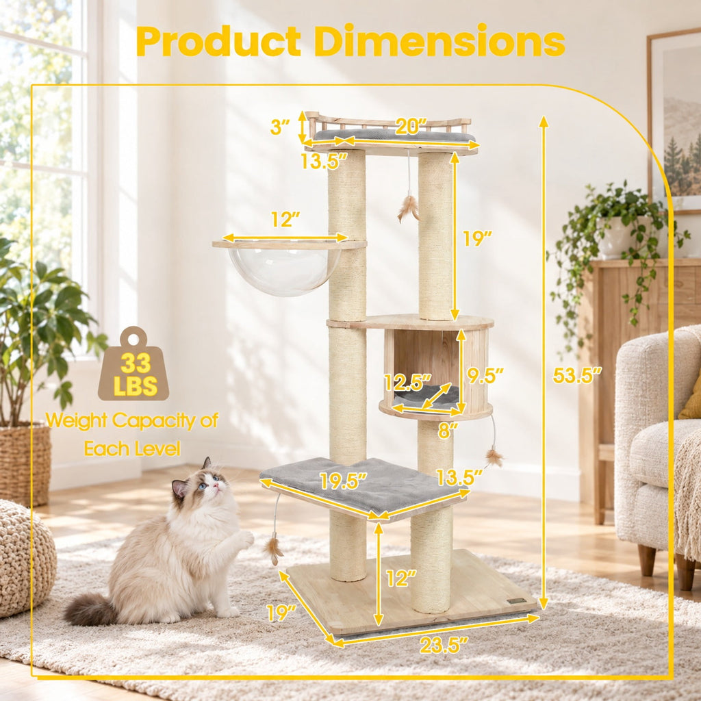 Airfind Cat Tree for Indoor Kittens with Top Perch Condo Space and 3 Hanging Feather Toys, Gray, 4 Inch sisal scratching posts for cats to claw