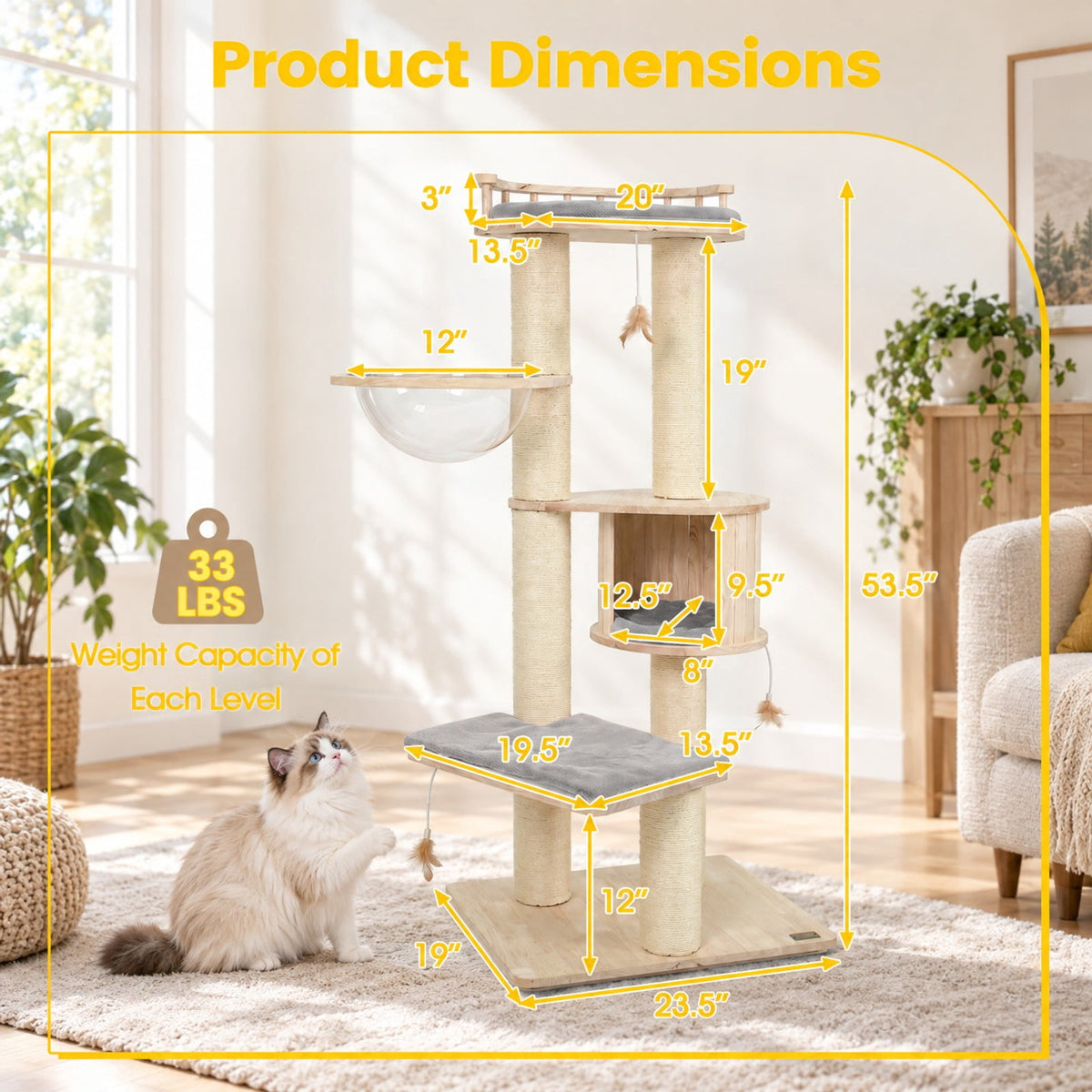Airfind Cat Tree for Indoor Kittens with Top Perch Condo Space and 3 Hanging Feather Toys, Gray, 4 Inch sisal scratching posts for cats to claw